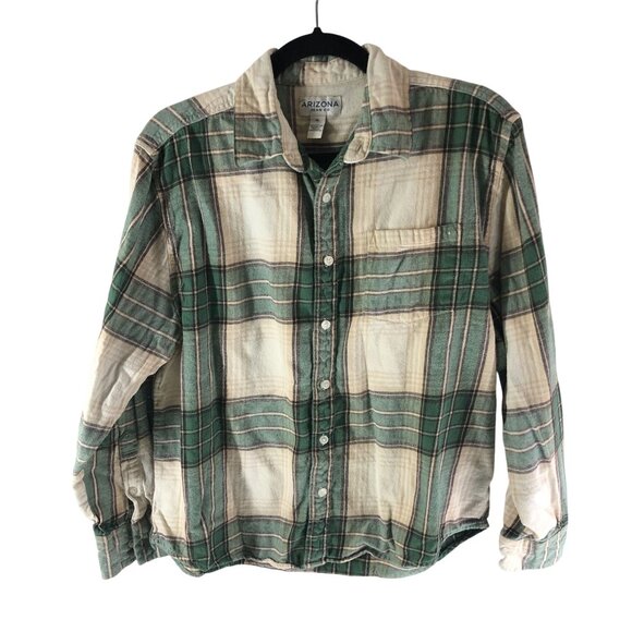 Arizona Mens Flannel Shirt Button Down Chest Pocket Cotton Plaid Green Beige M - Picture 1 of 3